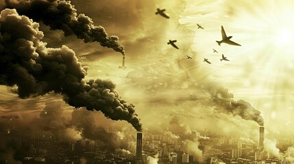 Dramatic scene of industrial pollution with dark smoke and airplanes flying beneath a golden sky during sunset, environmental issues depicted vividly.