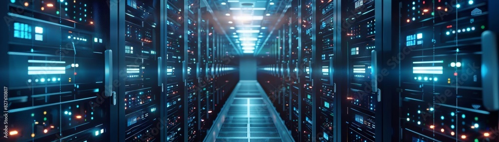 Poster abstract technology background. rows of server racks with bright lights in perspective.