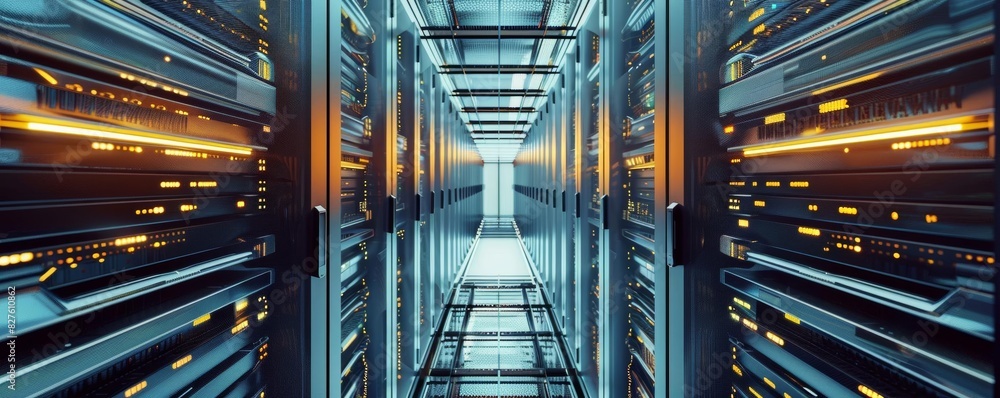 Poster abstract technology background. server room with rows of rack-mounted servers lit by bright orange l