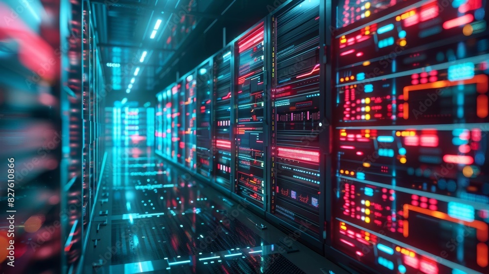 Poster abstract technology background. server room with rows of rack-mounted servers. 3d rendering.