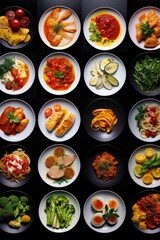 A collection of plates with various types of food, including vegetables, meat, and pasta. The plates are arranged in a grid-like pattern, showcasing a diverse selection of dishes