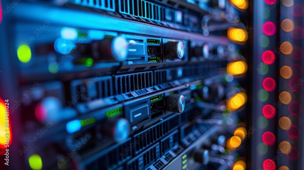 Poster abstract image of a server room with blurred lights and a focus on the front of the servers.