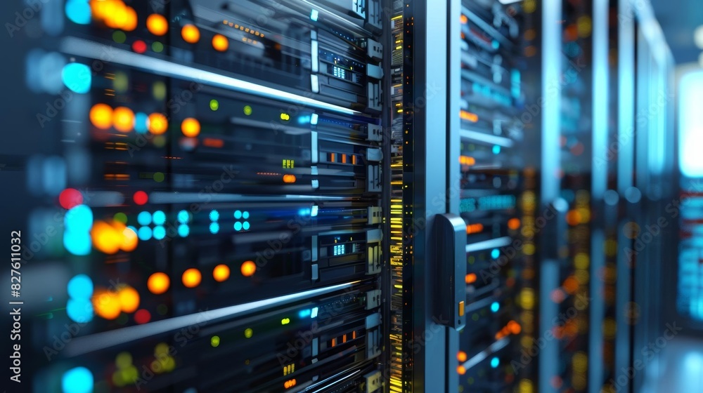 Poster abstract image of a server room with a lot of colorful blinking lights.