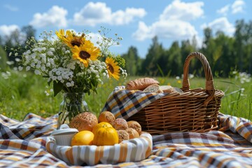 Group of young adults enjoy a lush summer picnic with a picturesque basket full of vibrant flowers and fruit