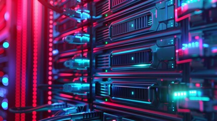 Fototapeta premium Abstract image of a server room. Glowing red and blue lights in the dark. Technology background.