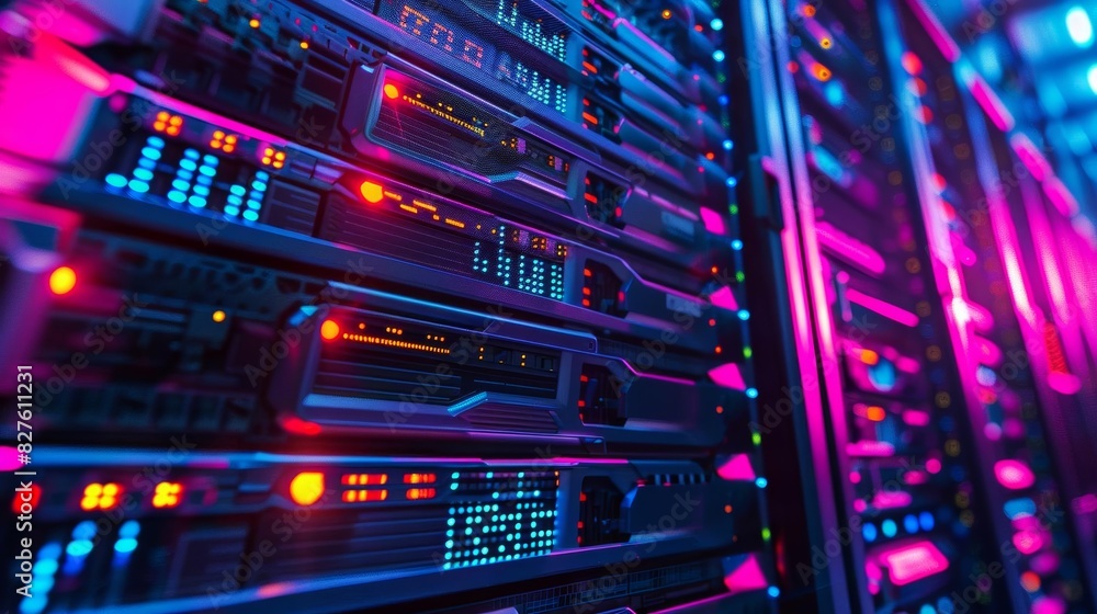 Poster abstract image of a server room. glowing lights on the front of the servers. concept of big data, in