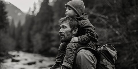 A man and a child are standing in a forest, with the man carrying the child on his back. Concept of adventure and bonding between the two