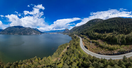 Sea to Sky Highway in Howe Sound, West Coast Ocean with Mountain Landscape.