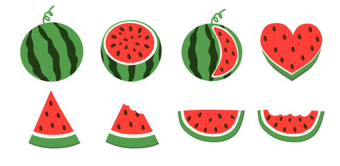 Watermelon Vector set. Whole and cut slice, dissected, bitten, in shape of heart. Flat collection illustration.