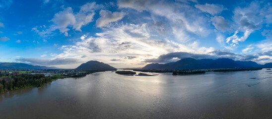 Aerial panorama of Canadian Mountain Landscape in Valley. Sunny Sunset