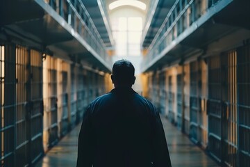 Man Walking In Prison Corridor. A dramatic image of a man walking down a dimly lit prison corridor, highlighting themes of isolation and confinement.