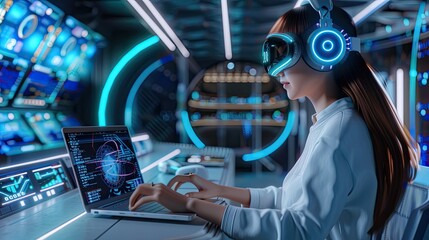 3D woman character in a futuristic workspace, using a laptop and wearing advanced headphones