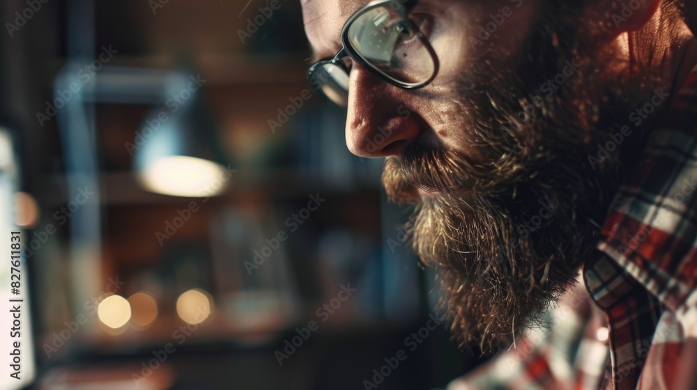 Poster a man with glasses and a beard is looking at a computer screen. concept of focus and concentration a