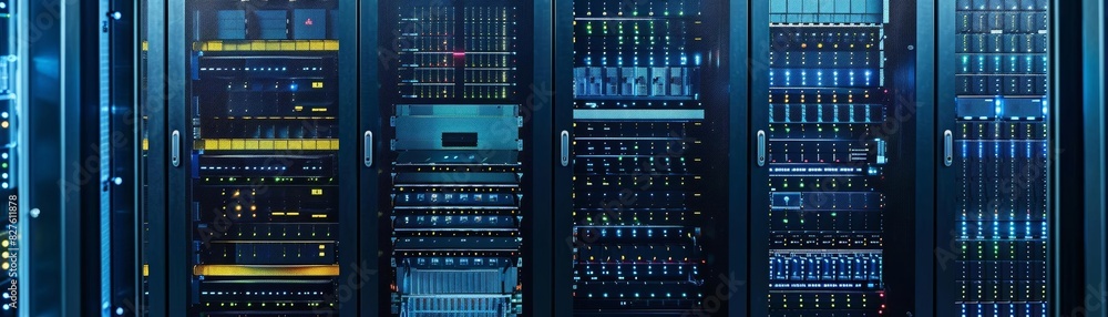 Poster a dark blue background with multiple server racks.