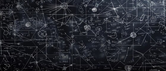 Dark detailed chalkboard full of mathematical formulas, scientific diagrams, and complex equations representing intellectual creativity.