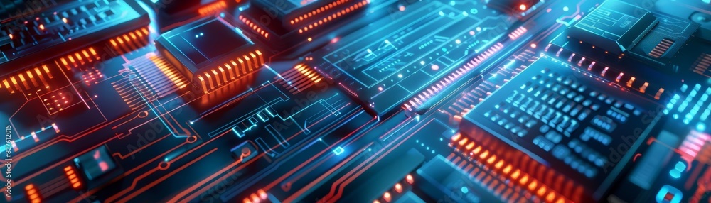 Poster 3d rendering of a circuit board with orange and blue lights.