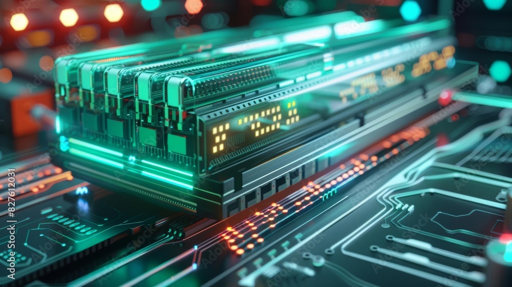 Poster 3d rendering of a computer chip with green lights on a circuit board