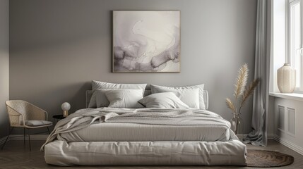 A bedroom with a low platform bed,  neutral linens,  and a single piece of abstract art