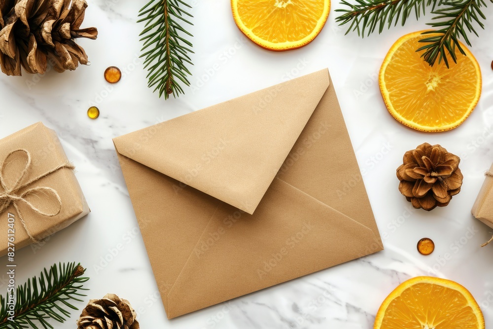 Poster a brown envelope sits on a table with a few pine cones and oranges. the pine cones and oranges are s