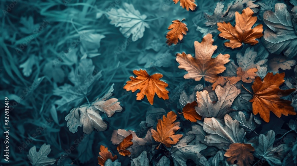 Poster a blue background with orange leaves scattered across it. the leaves are of different sizes and colo