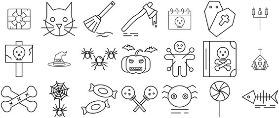 Mega Set Of Vector Halloween Regular Line Set Icons Silhouette Vector Logo Design Containing Spider,Sweets,Scary,Halloween,Candy Solid Icon Collection. Vector Illustration
