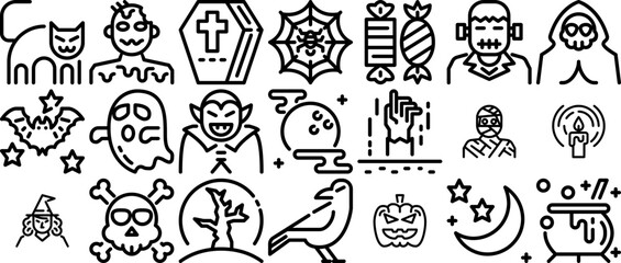 A Collection Of Halloween Outline Icons Collection Isolated Silhouette Solid Icons Including Night,Halloween,Crow,Trick-Or-Treat,Ghost Infographic Simple Vector Illustration Logo
