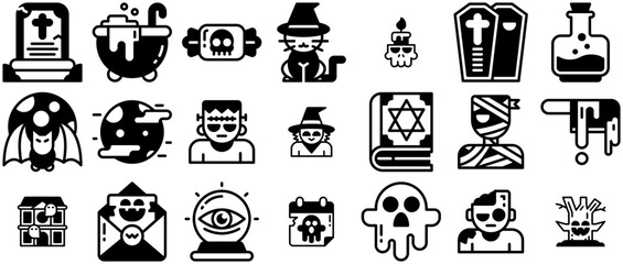Set Of Halloween Solid Style Icons Web Header Banner Design Containing Halloween,Horror,Wizard,Spooky,Scary Pictograms And Infographics Design Elements Vector Illustration