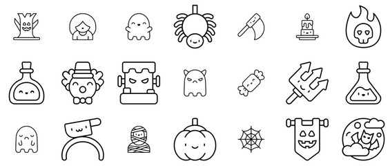 A Collection Of Halloween Cute Icons Silhouette Vector Logo Design Containing Halloween,Spooky,Face,Cute,People Vector Illustration Linear Pictogram Pack