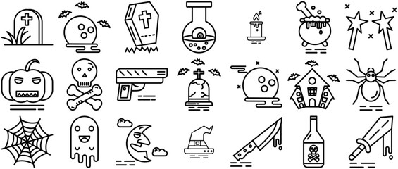 A Collection Of Halloween Bold Line Set Icons Silhouette Vector Logo Design Containing Halloween,Grave,Scary,Moon,Danger Outline Icons Collection. Simple Vector Illustration