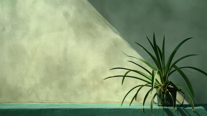 A potted plant sits on a ledge in front of a wall. The plant is green and has a long, thin stem. The scene is simple and peaceful - Powered by Adobe