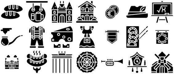 Set Of Linear Germany Glyph Vector Symbols Apps, Websites Ui Designs Suitable For City,Restaurant,German,Germany,Food Stroke Icon Collection. Vector Illustration