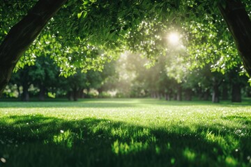A lush green field with trees in the background. The sun is shining brightly, casting a warm glow on the grass. The scene is peaceful and serene, inviting one to relax and enjoy the beauty of nature - Powered by Adobe