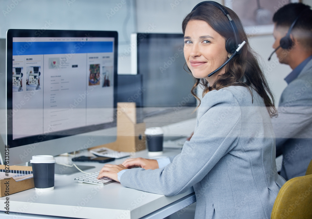 Poster woman, portrait and call center in office with computer, headset and team for communication with scr
