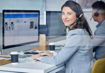 Woman, portrait and call center in office with computer, headset and team for communication with...