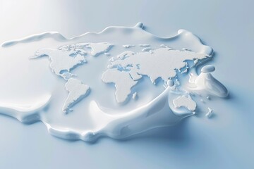 A white liquid has been poured over a map of the world. The map is made of ice and the liquid is melting it. Concept of change and impermanence, as the world is constantly evolving