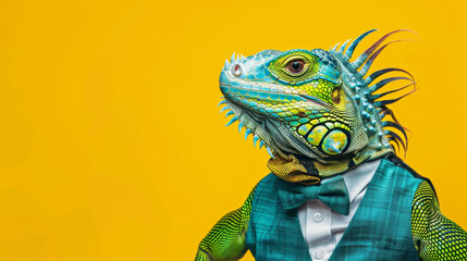 A fashionable iguana in a suit, bow tie, and vest against a vibrant yellow background, showcasing a unique and humorous style.