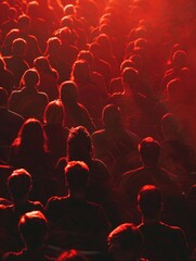 A crowd of people are sitting in a theater, with the audience members all wearing red. The scene is set in a red room, and the people are all looking at the same thing. Scene is one of excitement