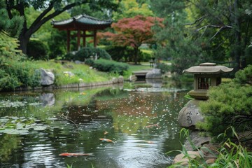 A tranquil pond in a Japanese garden generated by AI