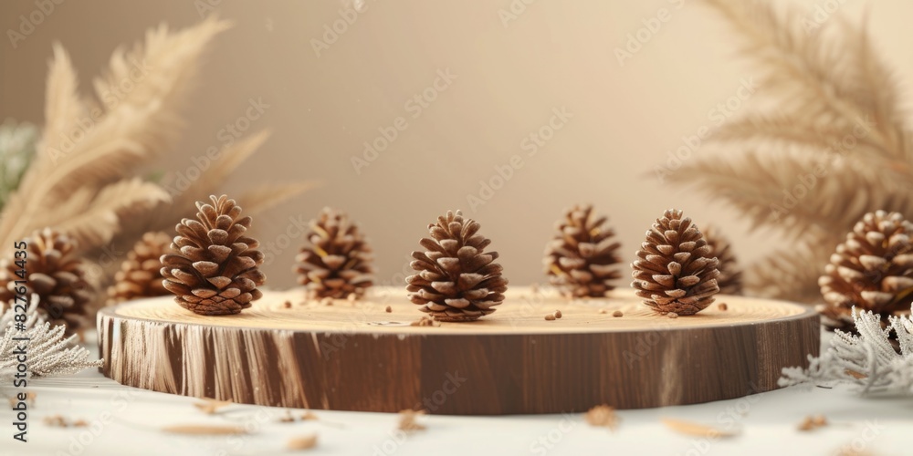 Poster a wooden table with pine cones on it. the pine cones are arranged in a circle and are surrounded by 