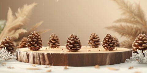 A wooden table with pine cones on it. The pine cones are arranged in a circle and are surrounded by leaves. Scene is warm and inviting, with the pine cones adding a touch of nature to the scene
