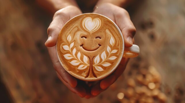 Hand holding a latte with a smiling tree and leaves foam art,Closeup holding coffee cup, top view angle on isolated brown background