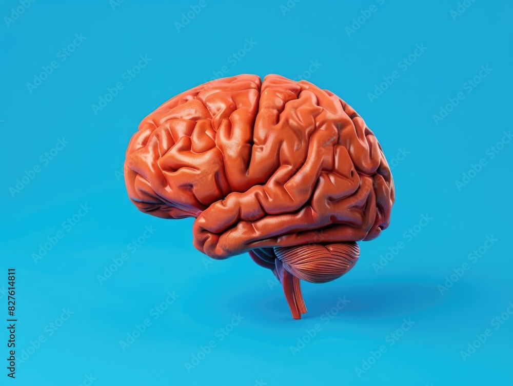 Poster a brain is shown in a blue background. the brain is red and has a wrinkled texture. concept of compl
