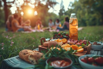 Sunset picnic with a scenic view, friends gather to enjoy the warmth and golden hues of the evening, sharing stories