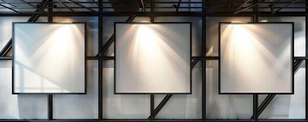 A modern design office featuring three white frames with dark borders, each uniquely angled and spotlighted against a wall 