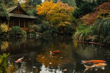 A tranquil pond in a Japanese garden generated by AI