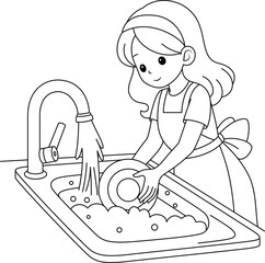 Illustration of a cute young woman washing the dishes  in her kitchen after dinner, coloring page. Everyday homework, black and white outline vector cartoon illustration