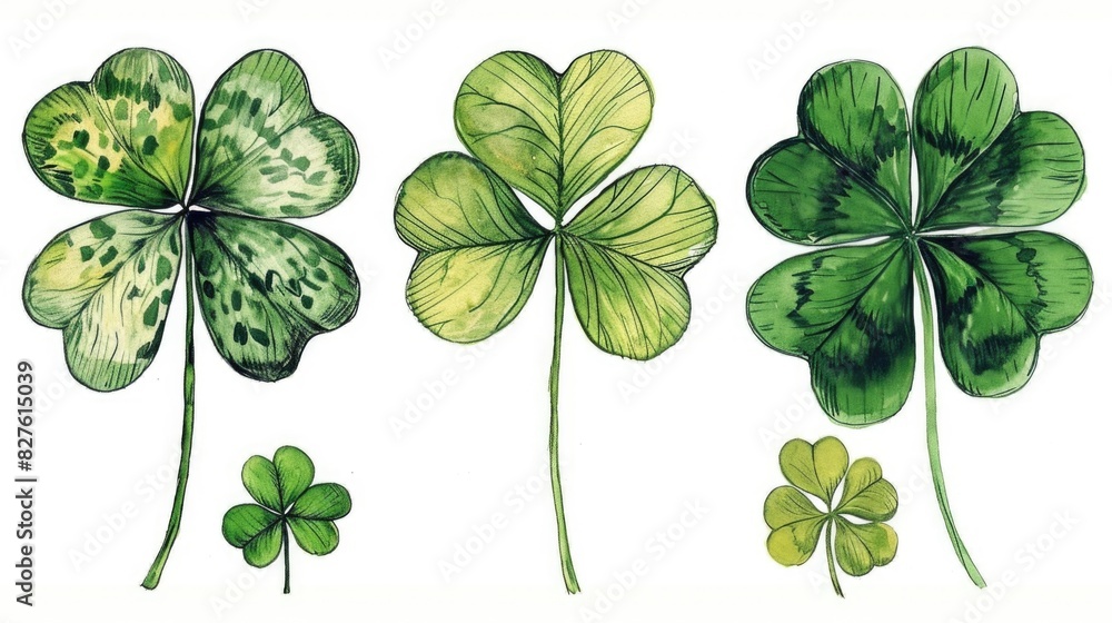 Poster three green clovers with a white background. the first one is the smallest and the third one is the 