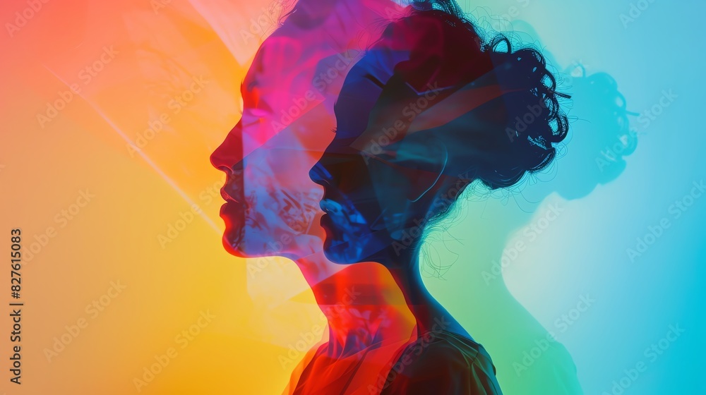 Poster colorful double exposure of a woman's silhouette in a gradient background, creating an artistic and 