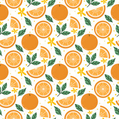 Orange Seamless Pattern Vector Illustration. Cute Citrus Summer Fruit Background with Leaves and Flowers.