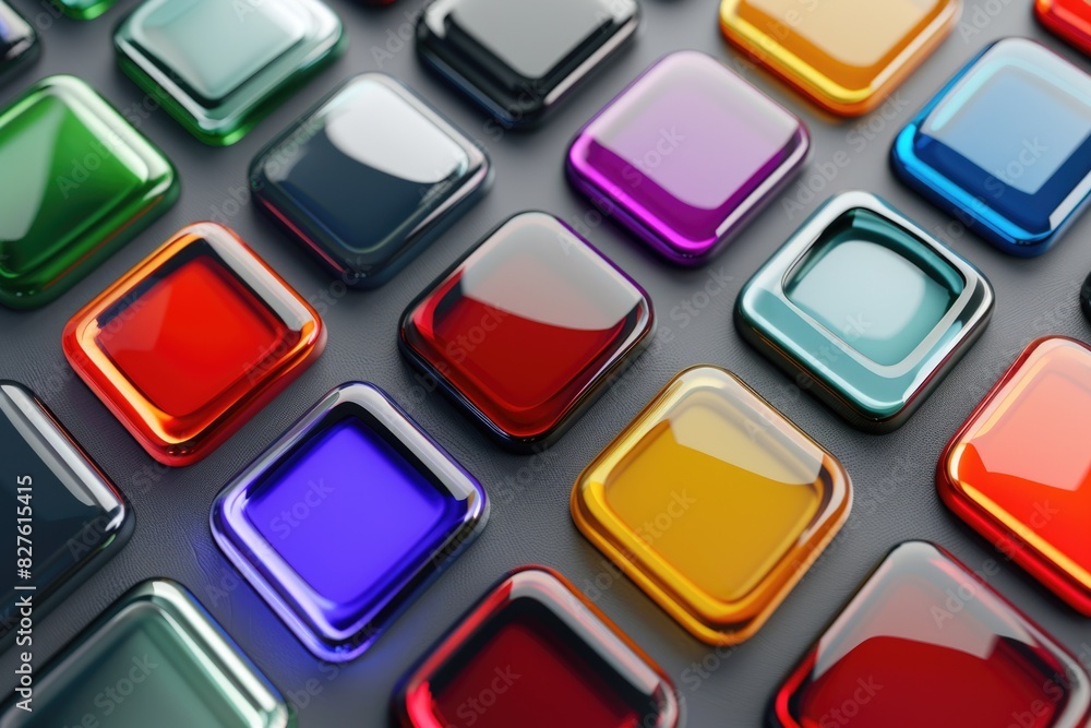 Poster a row of colorful buttons with a shiny, reflective surface. the buttons are arranged in a grid patte